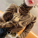 Women's Clothing Vintage Printed Pullovers Casual Turtleneck Autumn Winter Commute Long Sleeve All-match Slim Knitted T-shirt-Outfit
