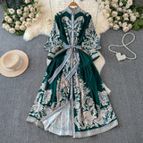 Fongt Retro High-End Lantern Long-Sleeved Print Dress Female Light Luxury Elegant Single Buckle Waist Swing Dress