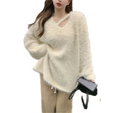 Fongt Fufu Soft Waxy Imitation Mink Wool Clothes Autumn Winter Gentle Lazy Wind V Collar Outside Wear A Loose Jacket-Outfit