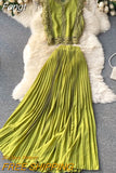 Chiffon Two Piece Sets Women Summer Sleeveless Tank Tops Blouse and Pleated Long Skirts Outfits Ladies Elegant