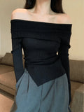 Split Off Shoulder Ribbed Knit Top-Outfit