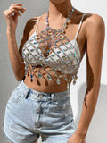 Fongt New Sexy Lacey Nightclub Shiny Blouse With Colorful Crystal Pendant Necklace