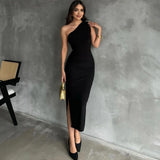 Fongt Summer New Oblique Shoulder Solid Color Open Slit Sleeveless Sexy Temperament Slim Dress