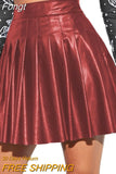 Women Solid Color Pleated Skirt, High Waist PU Leather Short Skirt for Clubs/ Parties, Black/ Wine