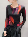 S-3XL New Vague Printing Mesh T-shirt Women's Round Neck Long Sleeve High Stretch Light Fabric Tees Tops-Outfit