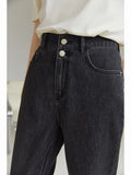 High Waist Straight Leg Cropped Pants Cotton Denim Casual Jeans Office Lady Button Decoration Long Trousers