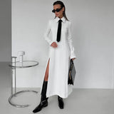 Fongt Women's Wear Early Spring 2024 New Temperament College Wind Lapel Long Sleeve Split Dress Tie Long Skirt-Outfit