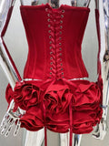 Red Lace Up Corset And 3d Flower Mini Skirt Two-Piece Set-Outfit