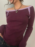 Contrast Color Off Shoulder Long Sleeve Tee-Outfit