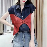 Summer Fashion Bow Patchwork Shirt Female Clothing Casual Turn-down Collar Commute Single-breasted Korean Sleeveless Blouse-Outfit