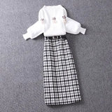 Women Autumn Winter Two Pieces Sets Office Ladies Clothing Set Turtleneck Knitted Sweaters And Tweed Plaid long Skirts