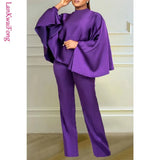 New Solid Color Bat Sleeves Loose Top Slim Fit Pants Two Piece Fashion Winter Elastic Cape Set-Outfit