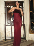 Strapless Red Feather Mesh Maxi Dress-Outfit