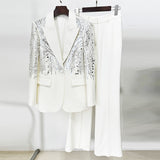 Fongt Star Fashion New Heavy Industry Nail Embroidered Lily Suit Trousers Set Two-Piece Set