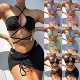 Fongt New Sexy Tie-Up Three-Piece Bikini Solid Color Multi-Color Swimsuit