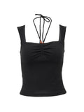 Solid Color Pleated Halter Tank Top-Outfit