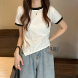 Fongt Female 2024 New Summer Design Sense Contrast Color T-Shirt Fashion Chic Irregular Short Student