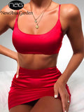 Garden Double Layers Satin Matching Sets Club Party Two Piece Set Women Red Sleeveless Crop Top Skirt Two Piece
