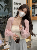 Women Spring Summer Soft Sweaters Cardigans Lady Solid Shawl Female Long Puff Sleeve Short Knitted Coat-Outfit