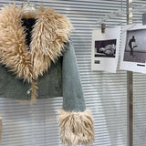 Denim Faux Fur Plush Sleeve Collar Jacket-Outfit