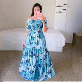 Fongt New Spring And Summer Women's Dress A Word Broken Shoulder Long Printed Fairy