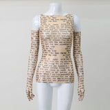 Mesh Letter Print Sleeveless Top With Gloves-Outfit
