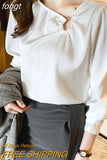 Women's Blouses Embroidered Flares Long Sleeve Shirt Women Solid Skew Collar Elegant Ladies Tops Basic OL Woman