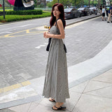 Chic Summer Niche Temperament Square Collar Dew Collarbone Color Stripe Waist Show Thin Halter Dress Dress-Outfit