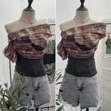 Real Shooting Can Wear Two-Wear Art Dizzy Net Yarn Spliced A Word Shoulder T-Shirt To Repair The Chest Short Babes Top
