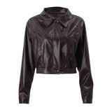 Fongt Women's Fall 2023 New Vintage Temperament Lapel Zipper PU Leather Casual Jacket