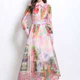Fongt Senior Sense Printing Set Of Lantern Cuffed Shirt High Waist Swing Skirt Two Sets