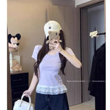 Fongt Lace Spliced Under Hem Short Sleeve Lace T-Shirt Summer New Slim White Collar Showing Thin Bottom