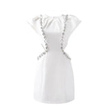 Black Dress For Women Designed O-Neck Sleeveless High Waist Ruffle Hollow Out Patchwork Diamond Mini Prom Dress Female