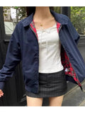 Women Red Checkered Lining Jacket Coats 2023 Fall Retro Stand Collar Long Sleeves Solid Color Jakcets Female Chic Outwear-Outfit