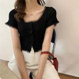 Women Patched Lace O-Neck Knitted Short Sleeve Thin Sweaters Cardigans Lady Single-breasted Buttons Sweater Crop Tops Female-Outfit