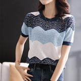 Out Striped Knitted Top Thin T Shirt Women 2023 Summer Short Sleeve Tshirt Womens Clothing Tee Shirt Camisetas De