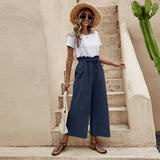 Fongt New Women's Summer Loose Waist Solid Cotton Belt Broad Leg Pants Loose Nine-Point Trousers Women