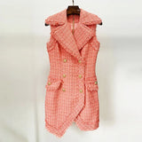 QUALITY Newest 2022 Fall Winter Designer Fashion Women Sleeveless Fringed Tweed Notched Lapel Asymmetrical