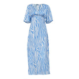 Fongt Summer Women's New Dress Short-Sleeved Satin Hanging Feeling Show Thin Back Temperament Print Dress-Outfit