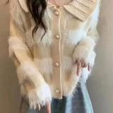 And Winter Lapel Sweater Spliced Woolen Striped Sweater Coat Women's New Lazy Cardigan Coat-Outfit