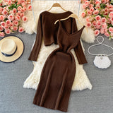 2023 Loose Round Collar Slim Short Knit Top Two Suit Slip Vest Dress Slim Dress-Outfit