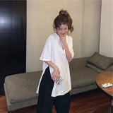 sale summer short-sleeved women t-shirts large size solid loose long tshirt pure Cotton Side split T shirt white tops