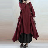 ZANZEA Women Spring O Neck Long Sleeve Cotton Linen Dress Pockets Loose Solid Asymmetric Hem Pleated Flare