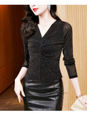 Photos Shinning Mesh Top Tshirt Women Pleated V Neck Long Sleeve Hot Pressing Ringstones Stretchy Tees T-Shirts-Outfit