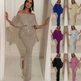Fongt New Back Big Flounce Wrapped Chest One-Word Shoulder Dress Blingbling Wrap Buttock Slit Evening Dress-Outfit