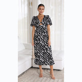 Fongt Fresh And Sweet Wind Print V-Neck A Word Long Dress 23025-Outfit