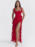 Red Ruffle Split Maxi Dress-Outfit