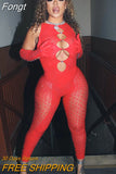 Women Sleeveless Mesh See Through Slim Jumpsuit Sexy Diamond Embellished Glitter Party One Piece Rompers 2023 Summer Night