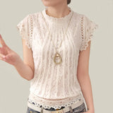 White Lace Blouse Short Sleeve Stand Collar Women Tops Elegant Patchwork Crochet Women Shirt Plus Size Blusas Mujer