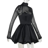 Black Turtleneck Sheer Long Sleeve Satin Mini Dress-Outfit